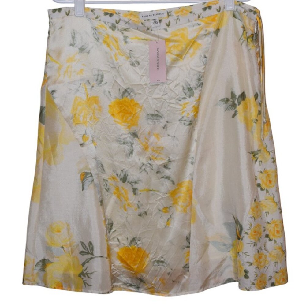 Banana Republic 100% Silk Yellow Floral Classic Skirt Church Wedding Career Wear